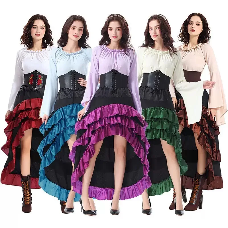 Robe longue à la mode pour Halloween, style littéraire, courte devant, longue derrière, avec ourlet en forme de feuille de lotus. Costume médiéval, style pirate, corset et jupe.