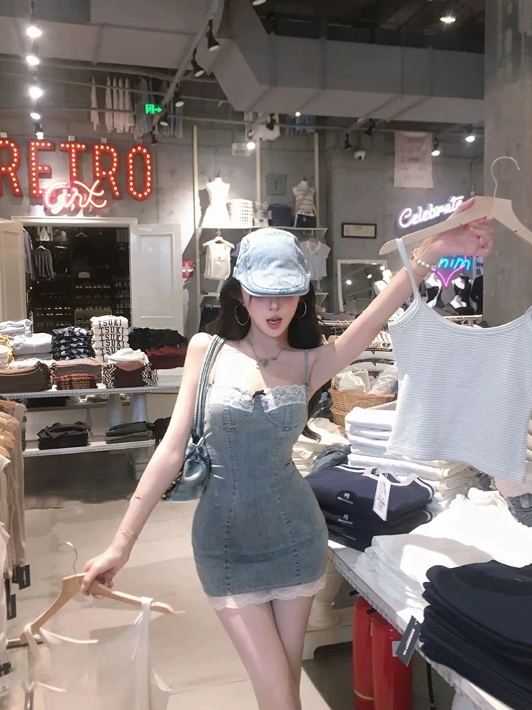 

XZY Lace Splice Denim ter ort Skirt Women's plus Size Sexy Tight Fit Summer Casual High Waist Bodycon Dr