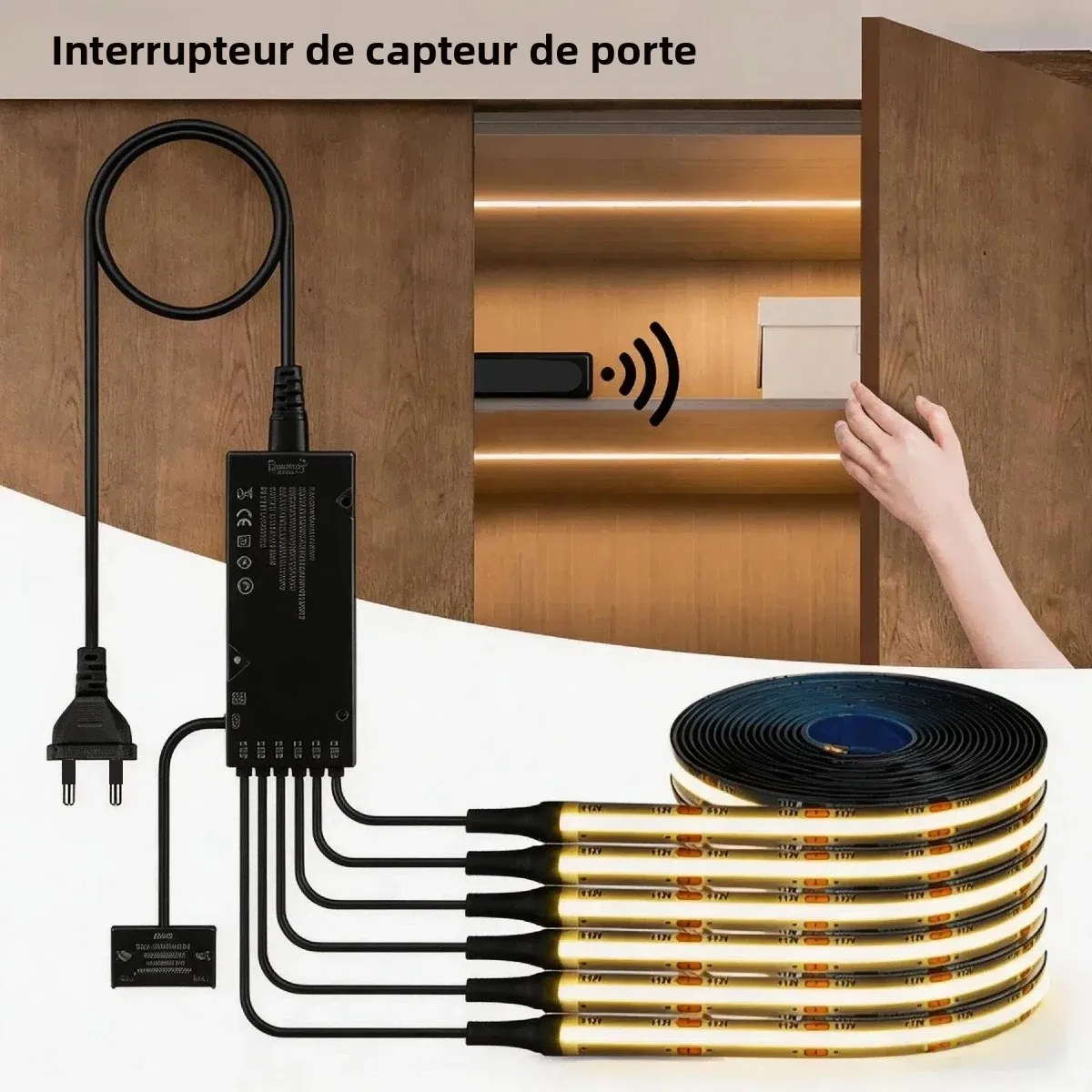 Kit de bande lumineuse LED COB avec capteur de porte intelligent, carte PCB noire, DC12V, découpable, pour vitrine d'armoire, 2/4/6/10 pièces