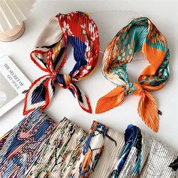 70 Pleated Small Square Scarf Professional Office Ladies Shawl Handmade Scarf Floral Print Silk Neckerchief Elegent Bandana