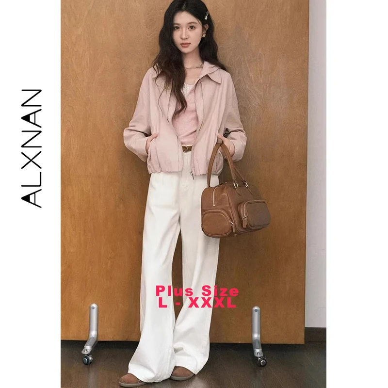 

ALXNAN Plus Size Pink Lapel Jacket Short Coat Autumn Women's Coats Edition Gathered Hem Versatile Breathable Cotton Top D12358