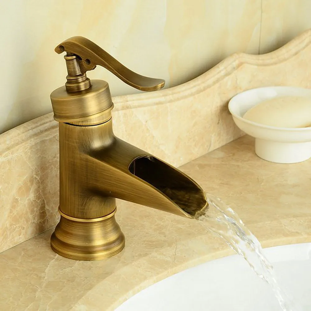 

Retro Antique Brass Single Handle Bathroom Wash Basin Faucet Vessel Sink Faucet Waterfall Spout Style Mixer Tap Lan007