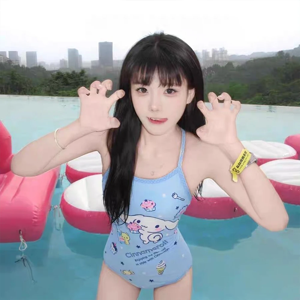 

New Cute Cinnamoroll Kuromi Women's Conjoined Swimsuit Cute Cartoon Fashion Print Blue Beach Outfit Sweet Summer Hottie Swimsuit
