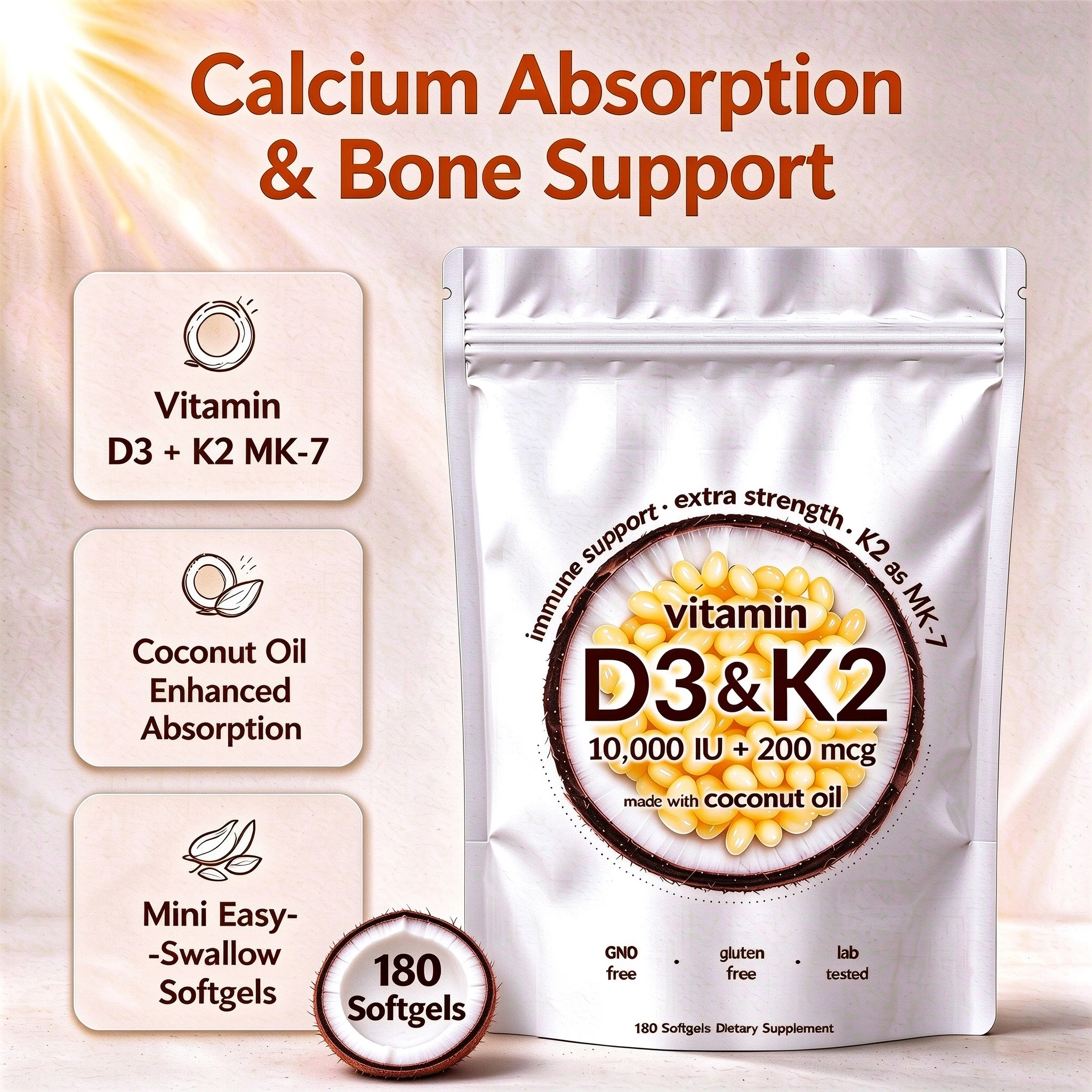 180 Count D3 K2 Vitamin Softgels with Coconut Oil Strength Dietary Supplement for Calcium Absorption Bone Health Immune Support