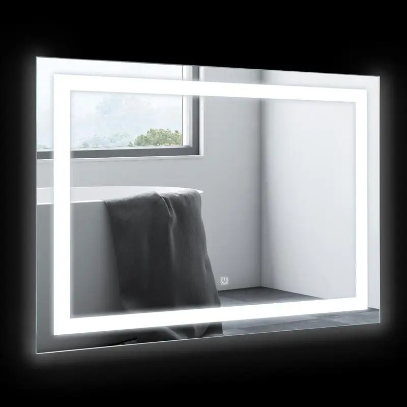 Espejo de tocador retroiluminado con LED de 32" x 24", montado en la pared, táctil de memoria regulable, resistente al agua, opciones colgantes versátiles, acabado plateado