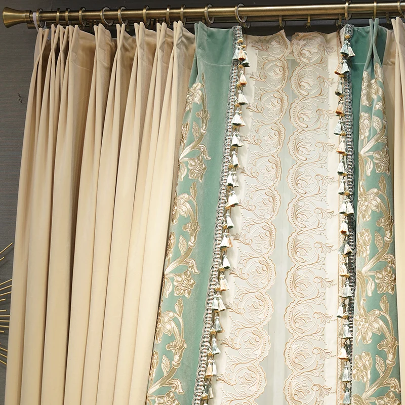 Custom  upscale American modern simple beige stitching green embroidery velvet cloth blackout curtain tulle drape C1766