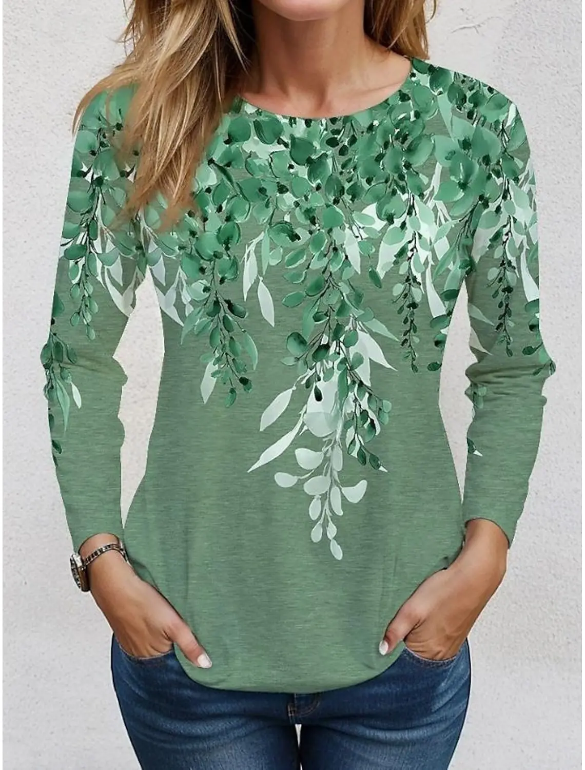 Modna damska koszulka Tee 3D Print Floral Graphic Casual Holiday Fashion Koszulka z długim rękawem O-Neck Żółta bluza Pullover