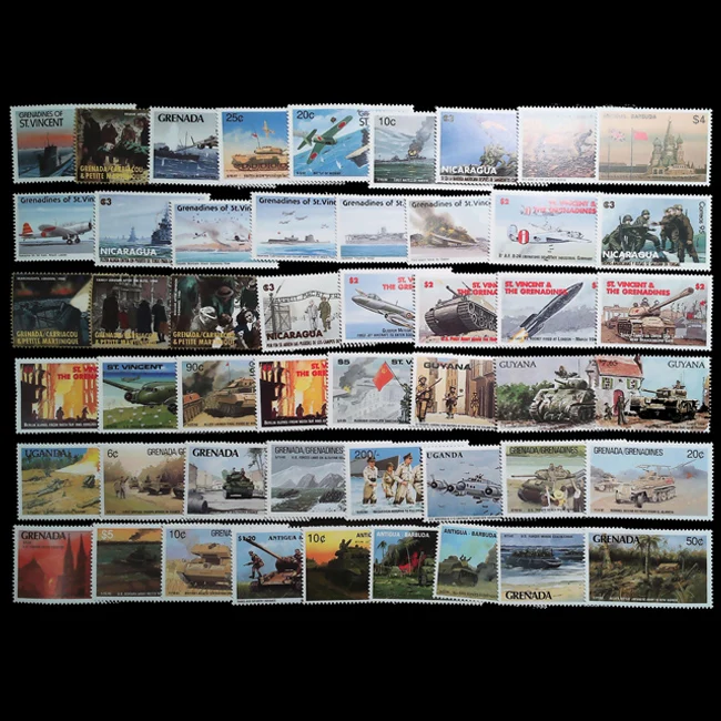 World War 2 Themed Post Stamps 50 Different Campaign Series Postage Stamps For Collection