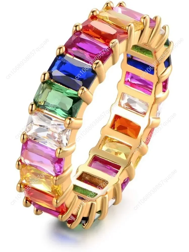 

Eternity Rainbow Ring Wedding Band for Women | 18K Gold Plated Emerald-Cut Rainbow Multi Color Created-Gemstone Eternity Ring