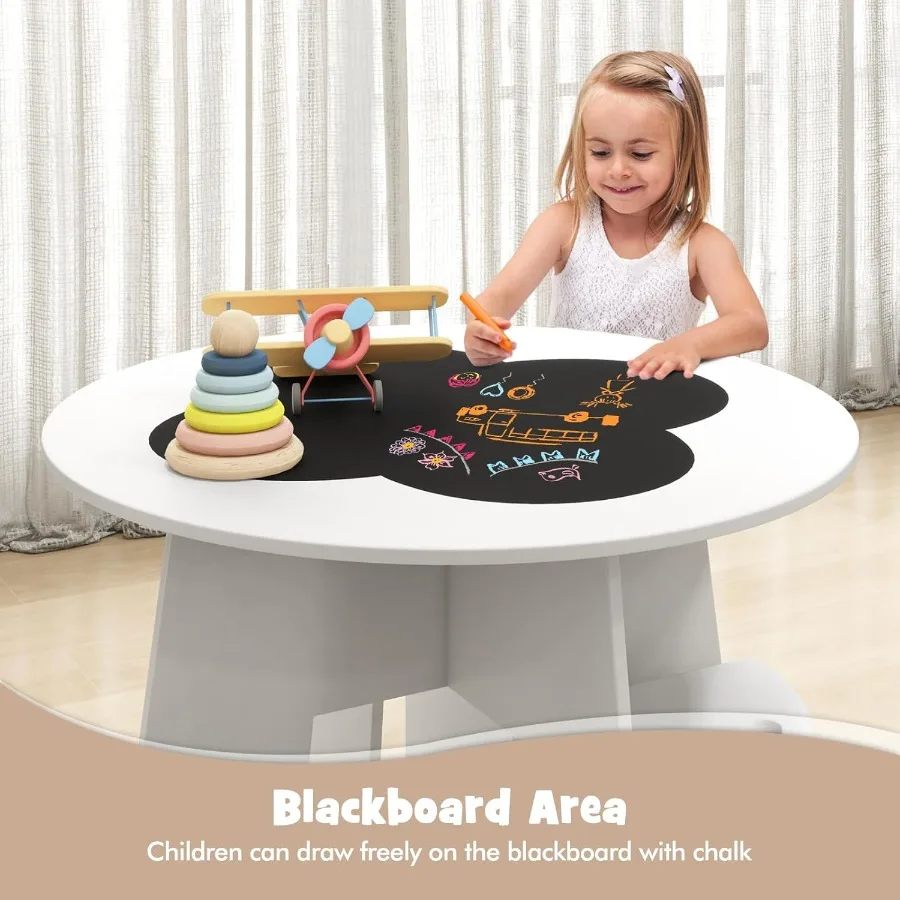INFANS Toddler Table and Chair Set with 4 Storage Stools Wooden Flower Shaped Nesting Table with Blackboard Drawers MultiActivi