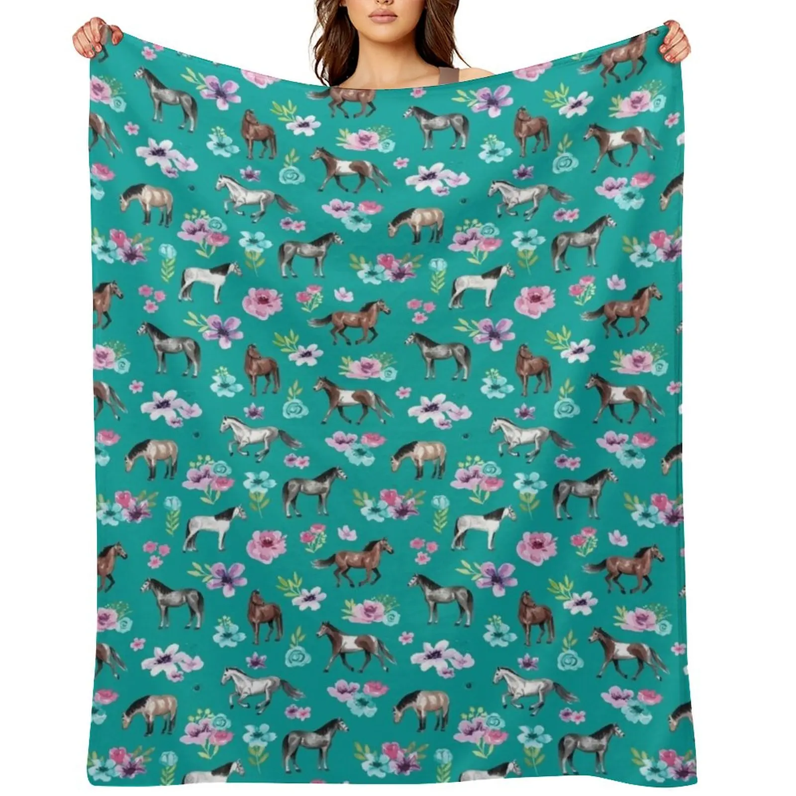 

Horses and Flowers on Teal, Turquoise Horse Print, Horse Art, Cowgirl Throw Blanket Loose Flannels Single Giant Sofa Blankets