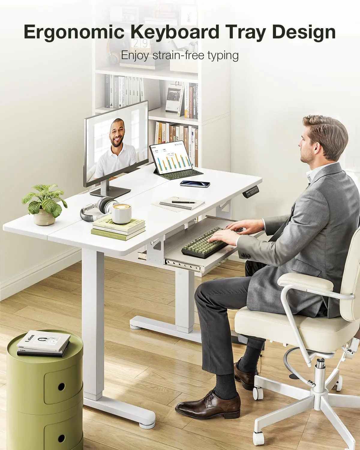 مكتب قائم كهربائي مع صينية لوحة المفاتيح، طاولة صغيرة قابلة للتعديل بارتفاع 40 بوصة، طاولة حامل للجلوس، مكتب كمبيوتر للكتابة #4