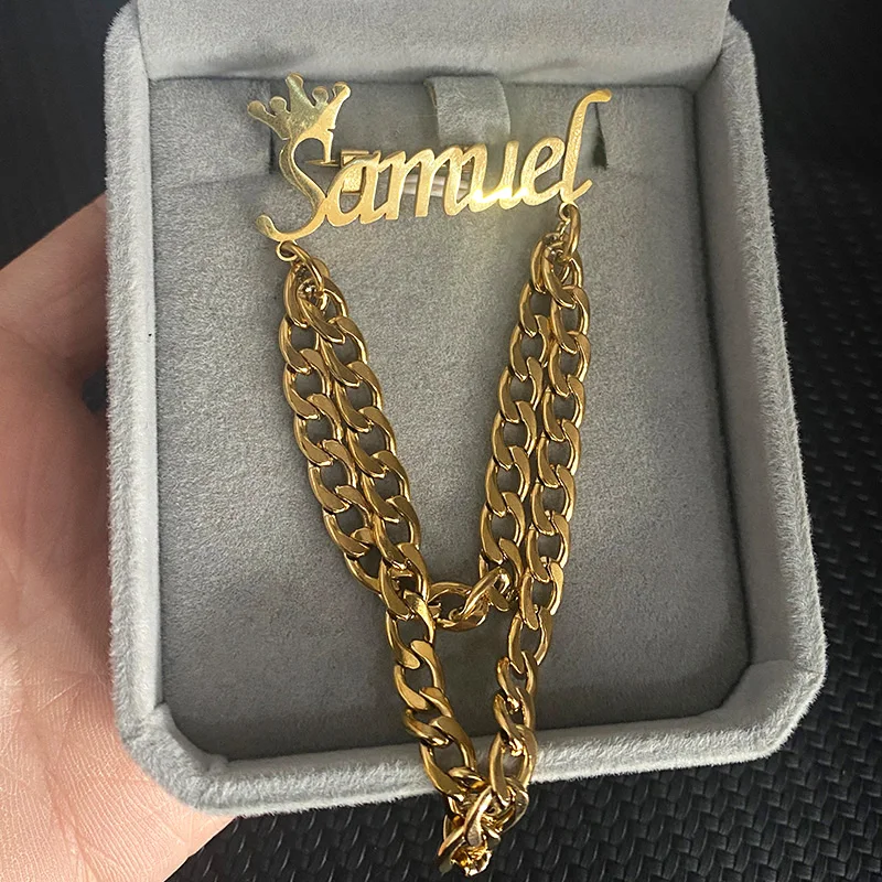 

Stainless Steel Your Name Letters Custom Pins for Woman Crown Name Personalizados Broches Link Accessorios Bag Clothes Charm Pin