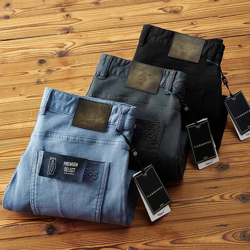 

Мягкие повседневные джинсы из чистого хлопка с прямыми штанинами для мужчин, осень-зима, деловые удобные эластичные длинные брюки высокого класса