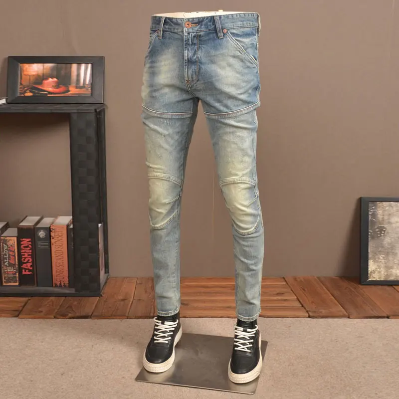 High Street Fashion Men's Jeans Vintage Blue Elastic Tight Cycling Jeans Homme Panel Designer Zipper Pocket Hip Hop Jeans for Me