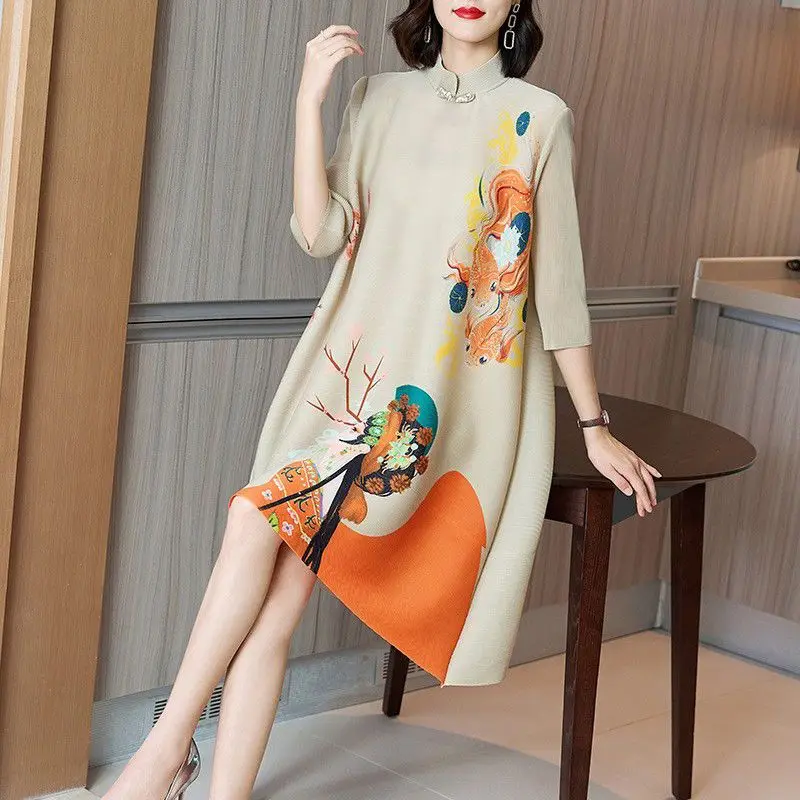 

Casual Pleated Dress Female 2023 Vintage Loose Slim Mid length Printed ins Dress Three Quarter Sleeve Stand Collar Dress Female