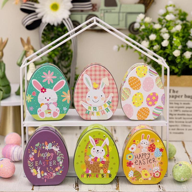 Cute Easter Theme Metal Candy Boxes Egg Shaped Rabbit Cookie Gift Packing Box Birthday Baby Shower Happy Easter Party Decoration