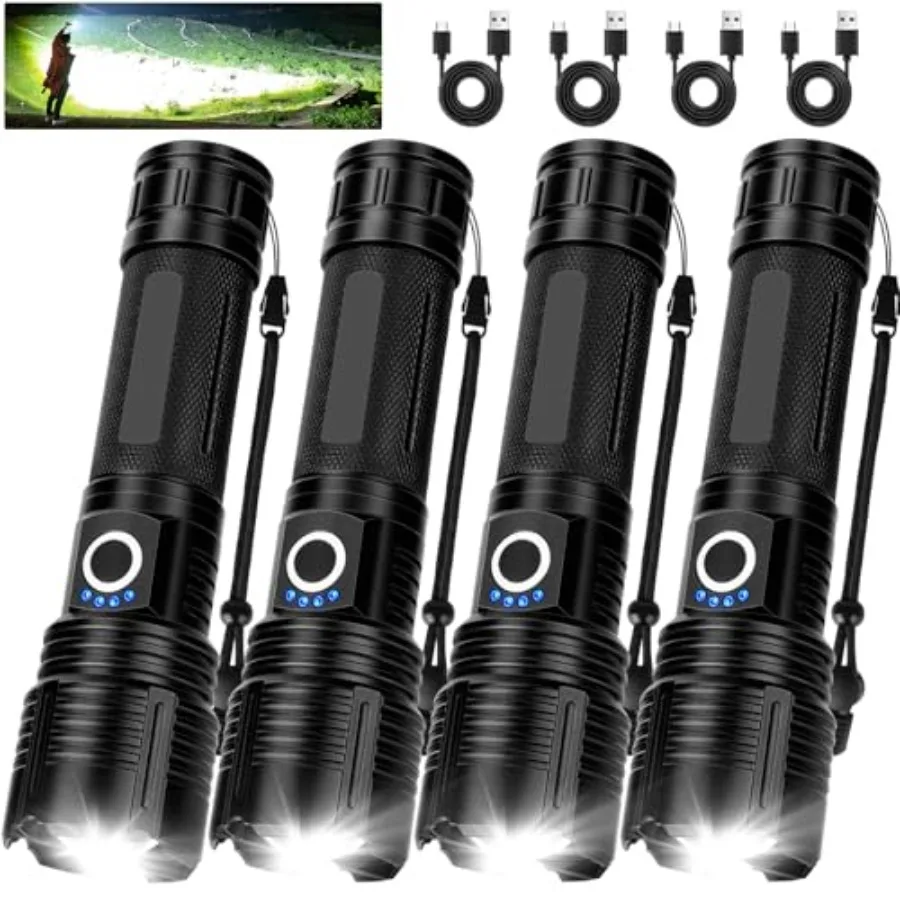 

4 Pack Flashlight Rechargeable 99, 000 High Lumens, Super Bright Rechargeable Flashlights for Home, Powerful LED Flash Light wi