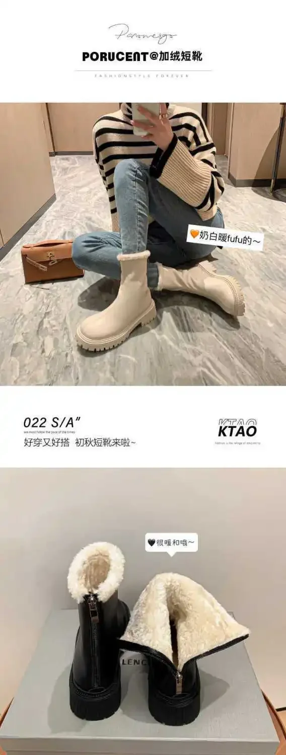 Größe 42 Herbst-Winter-Schneestiefel Warme Pelz-Damen-Stiefeletten Modische Elegante Schuhe mit Rückenreißverschlüssen Dicker Absatz Damen-Kurzstiefel – Detail 2