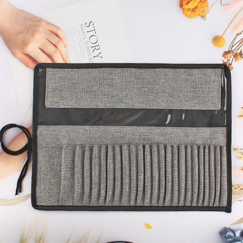 Multi-functional Canvas Painting Brush Storage Pouch Grey 24 Holes Roll Up Pen Bag Waterproof Sketching Pencil Holder Students