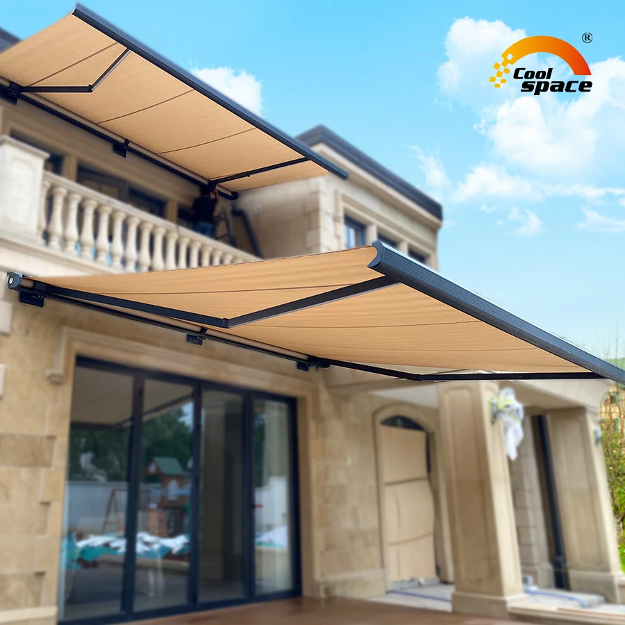 Outdoor Sunshade Canopy Awning Cover UV Protection Waterproof Fabric Retractable Patio Awning With Lights Full Cassette Awning
