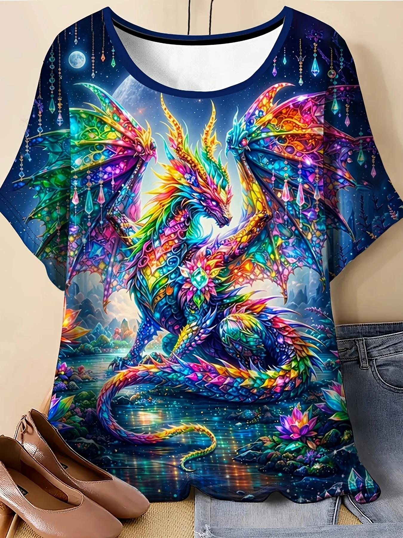 Women Colorful Fantasy Dragon Print T‑Shirt Mystic Moon Lake Lotus O‑Neck Short Sleeve Casual Tops