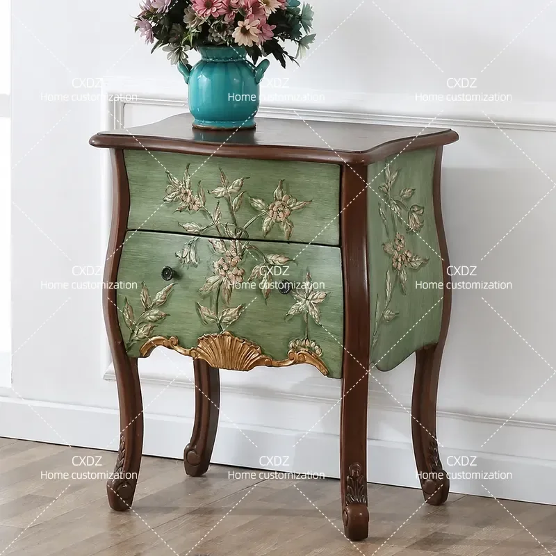Mediterranean Double Drawer Bedside Table Retro Painted Sofa Side Cabinet Living Room Corner Storage Unit