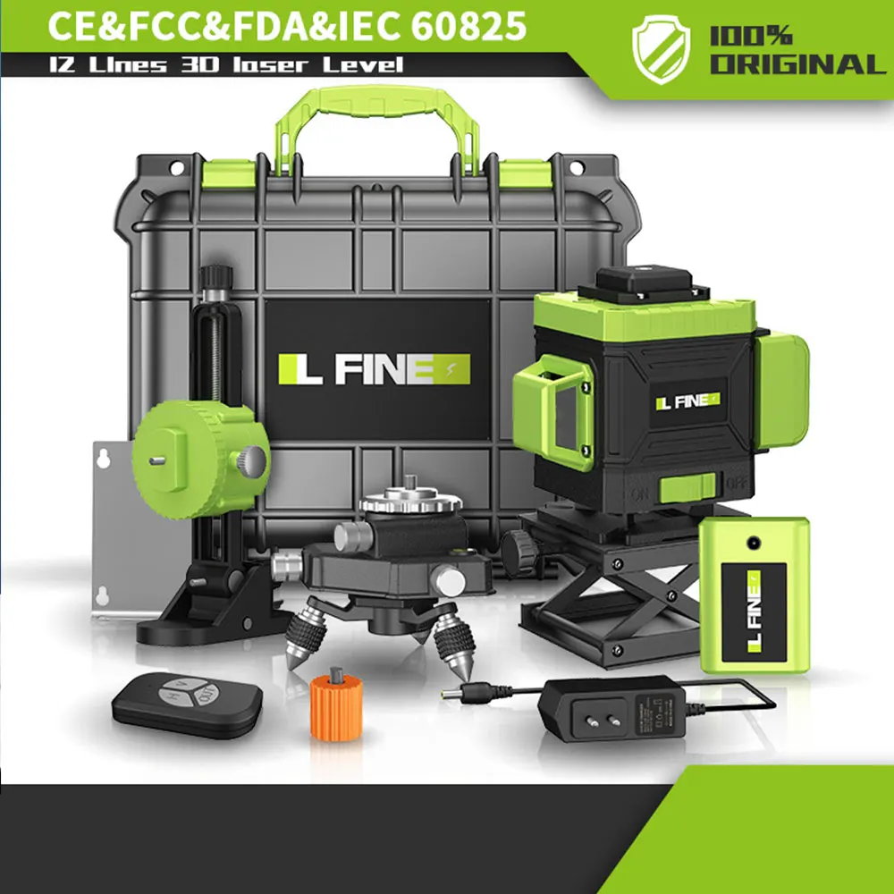 LFine 8/16/12 Lines 3D/4D Laser Level Horizontal Vertical with Remote Control 360° Self-leveling Professional Building Tools