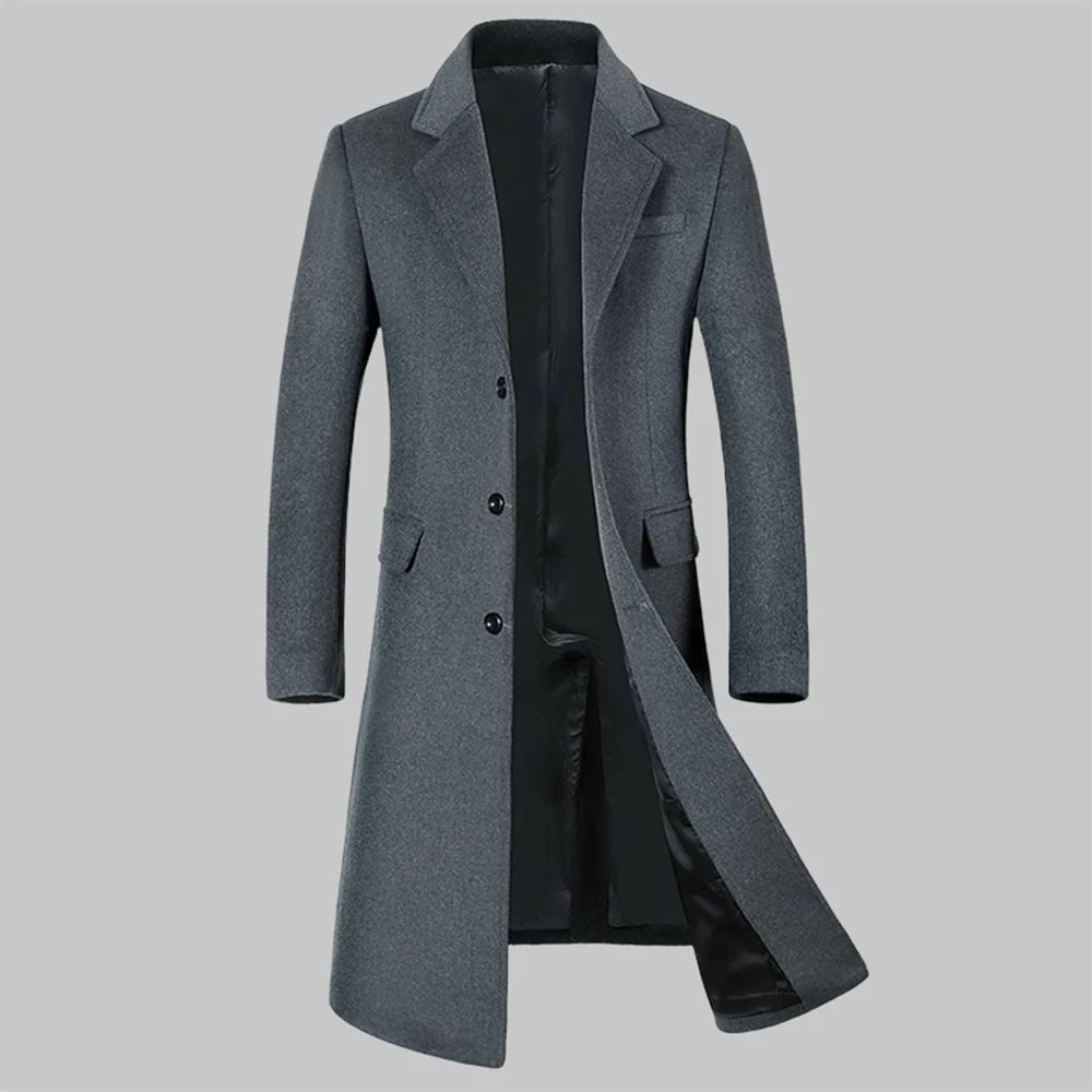 Autumn and Winter New Men\'s Wool Coat Long Over The Knee Suit Collar with Cotton Thickened Wool Coat Men\'s Coat