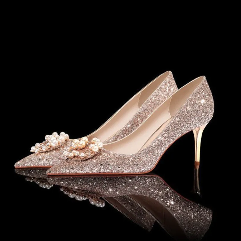 

Shiny Women's Pointed Toe Wedding High Heels Spring New Pearl Decorateion Ladies Banquet Fashionable Woman