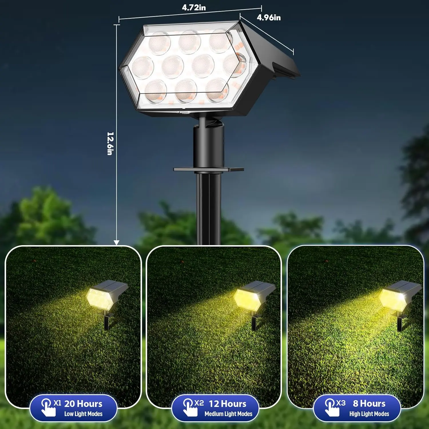 Outdoor Solar Spot Lights, IP68 Waterproof, 1000 Lumens, 3 Modes, Auto Sensor, Easy Installation (4 Pack)