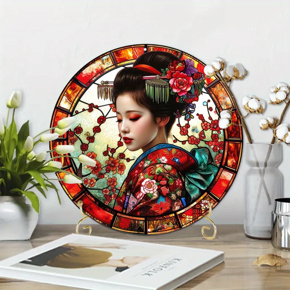 1pc Large 8x8 Inch Spring Aluminum Metal Sign - Beautiful Circular Wreath Faux Stained Glass Decorative Sign for Indoor