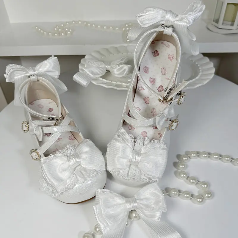 

Elegant Cla Series Lolita Medium Low Heel Soft Sole Single Shoes Pink Blue Satin Bow Sweet Cute Large Size Lo Shoes for Women