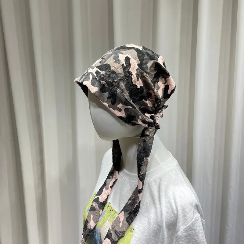 Y2K Camouflage Distressed Bandana Hat Cyberpunk Wasteland Style Bonnet Luxury Grunge Ripped Beanie Women Streetwear Tie-back Cap