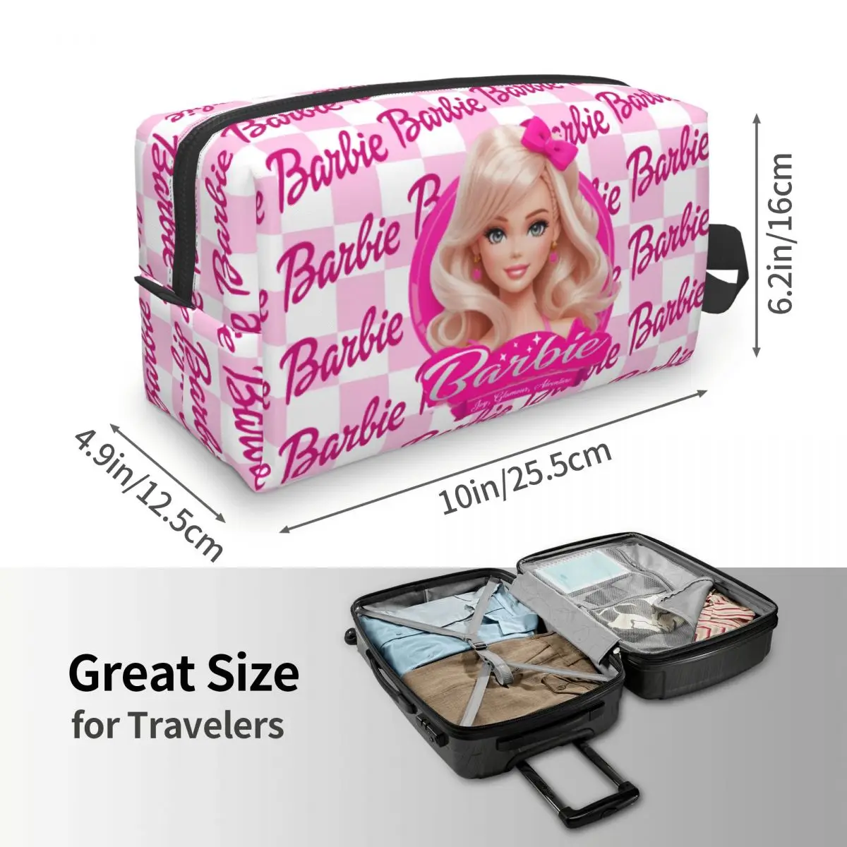 Custom Fashion Cartoon Barbie Girl Travel Toiletry Bag Women Cosmetic Makeup Bag Beauty Storage Dopp Kit