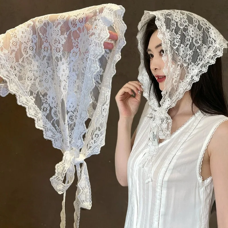

Women Elegant Lace Triangle Headscarf Lace Up Hair Accessory Summer Flower Mesh Scarf Wrap Boho Style Hair Band Soft Headband