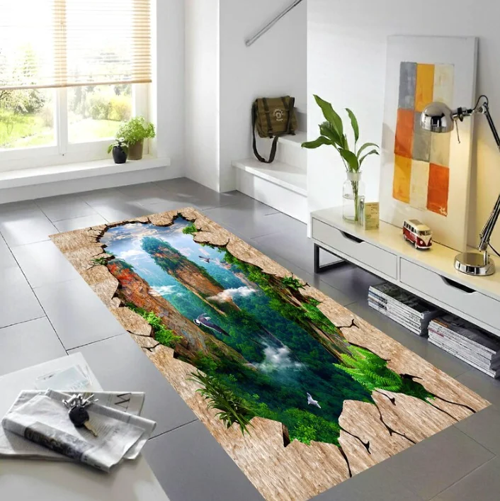 2D Optical Illusion Hallway Runner Rug Mountain Canyon Crack Print Non Slip Long Carpet Washable Floormat for Hallway Entryway