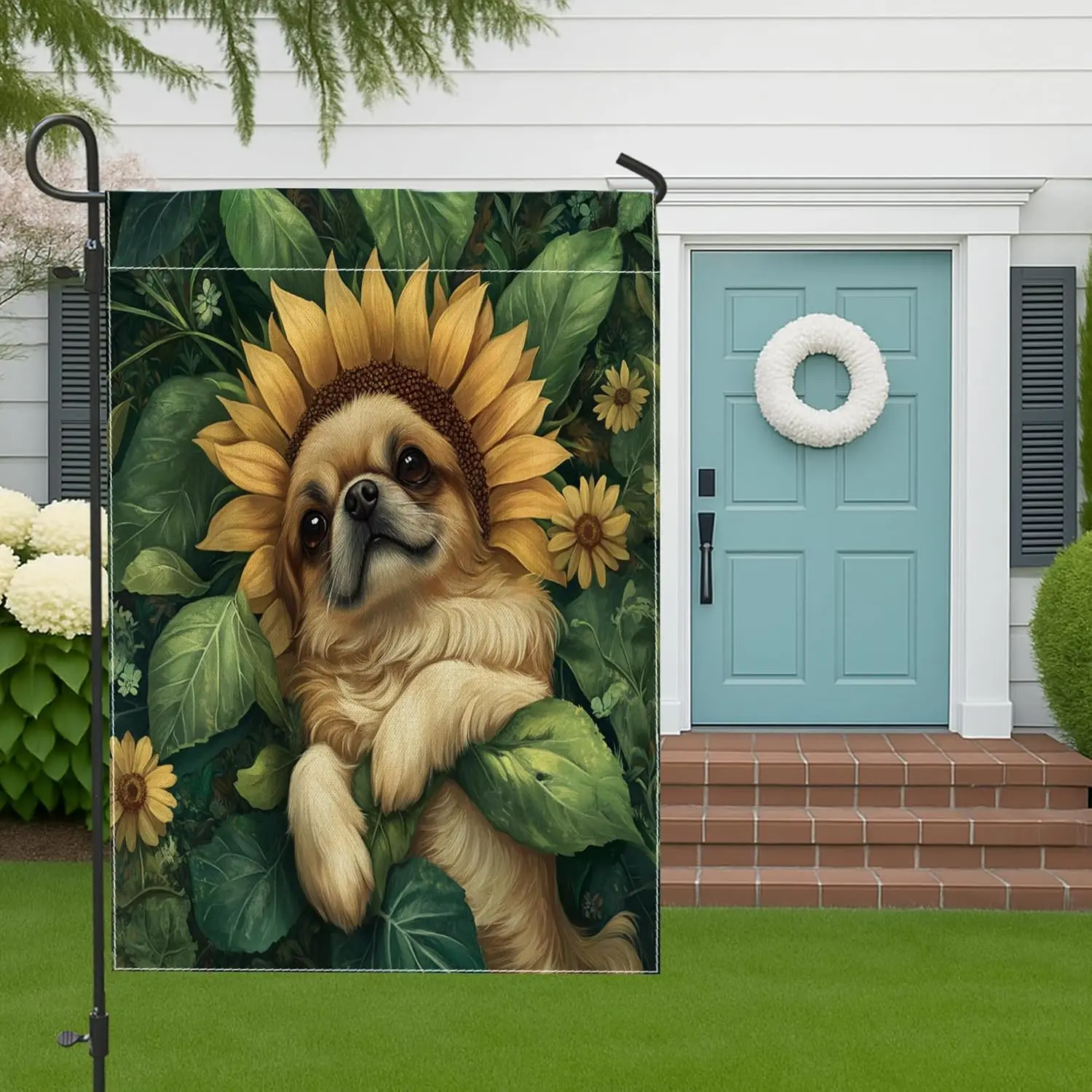 Spring Pekingese Dog Garden Flags 12”x18” Double Sided for Outside Decoration, Country Garden Puppy FrontYard Canvas Flag, F IIC