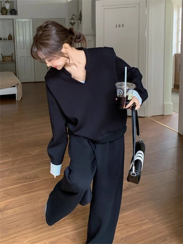 

plus Size 300 Pou Women's Casual V-ne Sweatirt Wide Leg Pants Two-piece Set Loose Feel Spring Autumn Outfit Ensemble