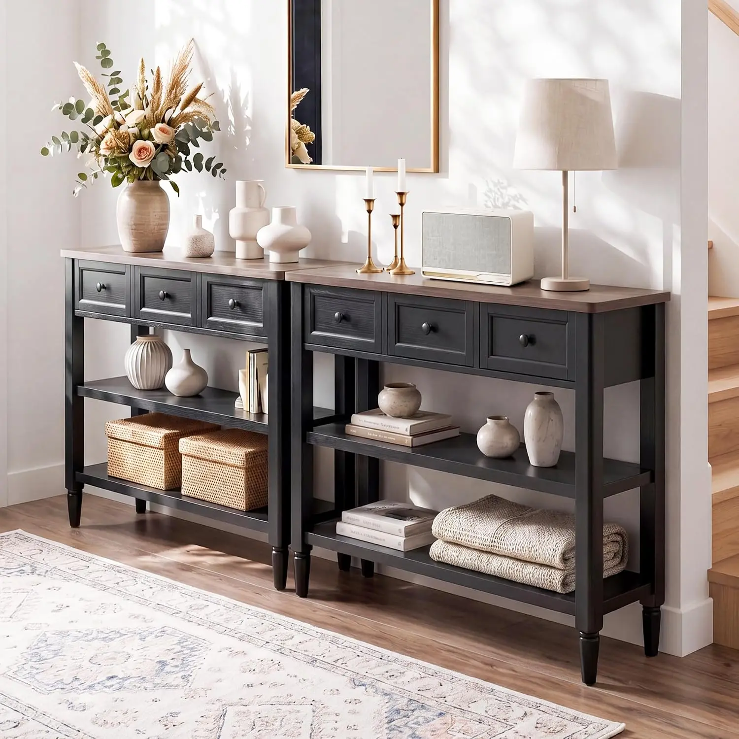86-Inch Narrow Console Table Set of 2, 12-Inch Deep, 6 Drawers & 4 Shelves, Farmhouse Entryway Sofa Table, Customized