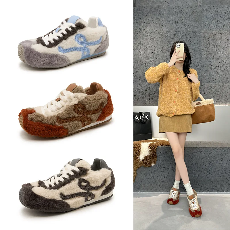 

Универсальные зимние повседневные ботинки Yang Mi Agan с цветными вставками, милым мехом, шнуровкой, плоской подошвой, теплые, на резиновой подошве, короткие, с коротким голенищем