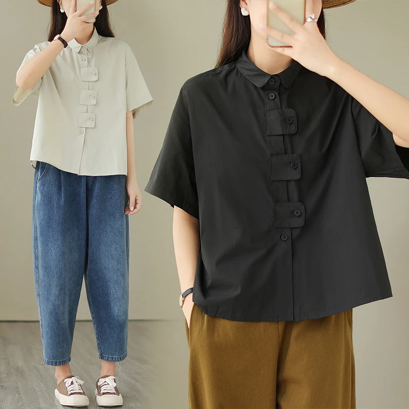 Corte holgado Color puro abotonada ort Sve irt para mujer diseño de verano versátil Casual algodón irt ropa de oficina de moda