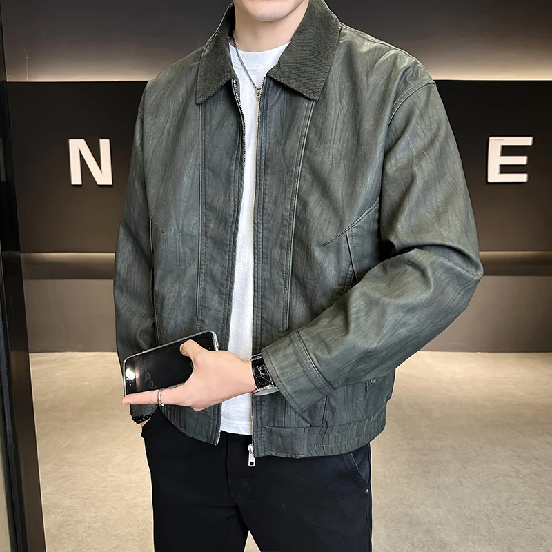 

Стильная повседневная мужская кожаная куртка свободного кроя, модная осенняя верхняя одежда с длинными рукавами на молнии, молодежная модная модель
