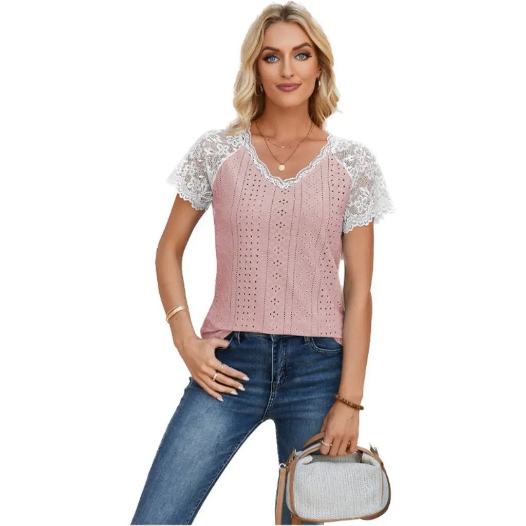 

Women's V-neck Lace Stitching Loose Casual Eyelet T-shirt Spring Summer New Fashion European American Style Clothing for Ladies