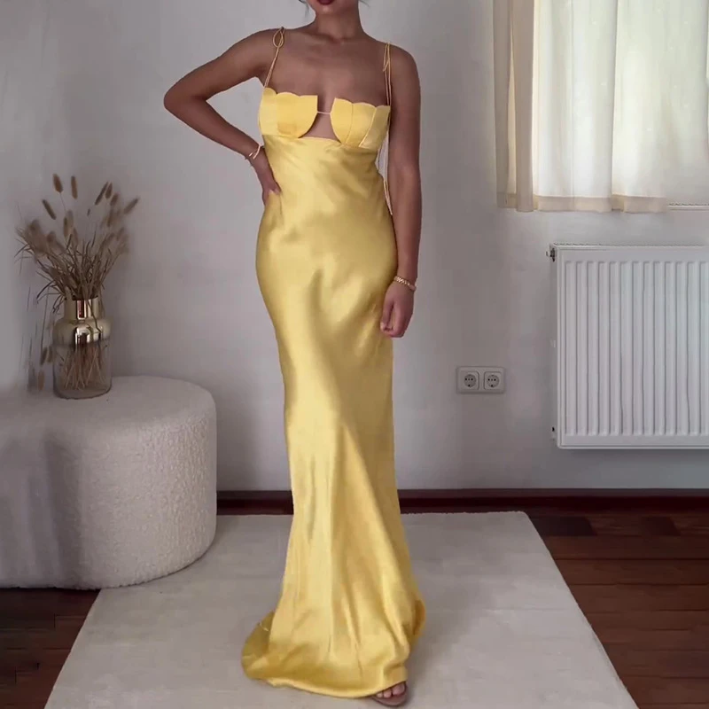 Sexy V-ausschnitt Hohl Spitze-Up Abendkleid Frauen Mode Hohe Taille Schlank Solide Party Kleid Elegante Ärmellose Satin Lange kleider
