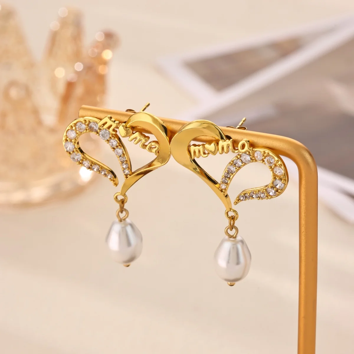 Elegante Ohrringe mit herzförmigen Tropfen aus Imitationsperlen, Damen, goldfarben, Kupfer, Zirkonia, hängende Ohrstecker, ästhetischer Schmuck, Geschenk für Mutter – Detail 6