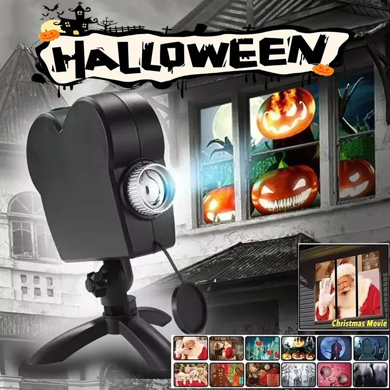 Halloween Christmas Projector Window Pumpkin Ghost Projection Built-in 12 Movies Lamp Lights with Tripod Festival Party Decor