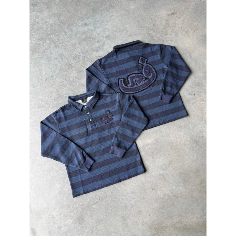Horizontal Stripe Long Sleeve Shirt Blue Black Color Block Patch Logo Henley Top