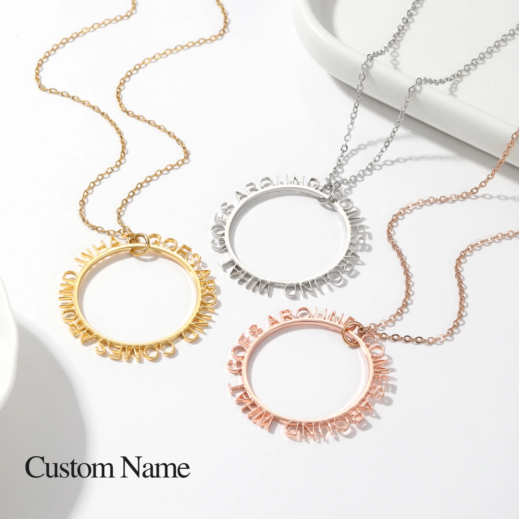 

Laser Cut Circle Name Necklace 360° Custom Hollow Band 304 Stainless Steel Minimalist Personalized Jewelry Gift for Her