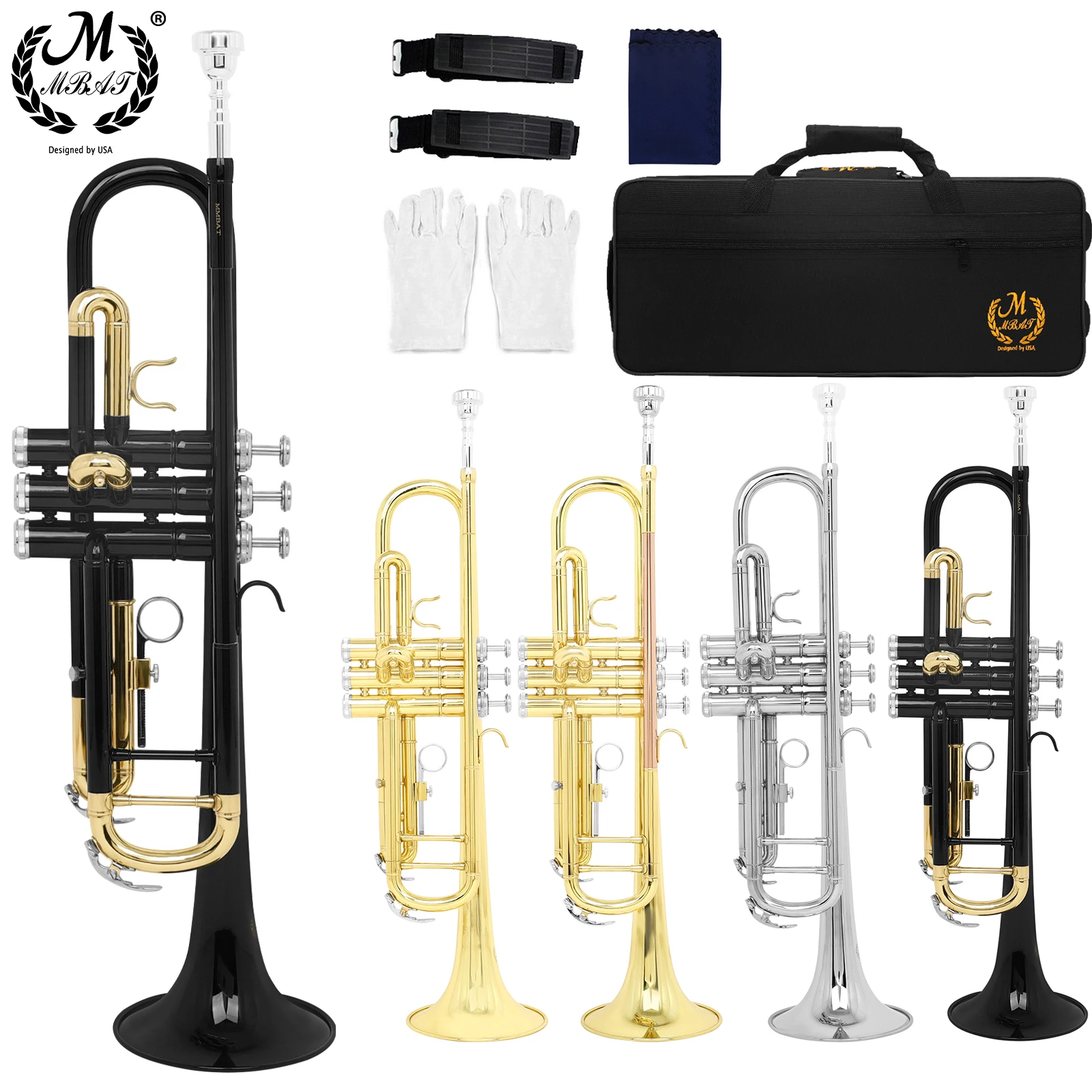 M MBAT Bb Brass Trumpet Standard Trumpet Set Professional Brass Instrument High-Quality Trumpet with Case Mouthpiece Gloves